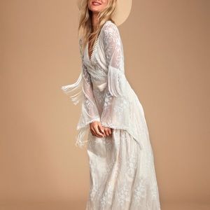 Boho white fringe and lace wedding dress